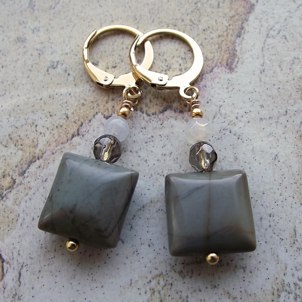 Grey green jasper and jade earrings gold hoop square drop gemstone