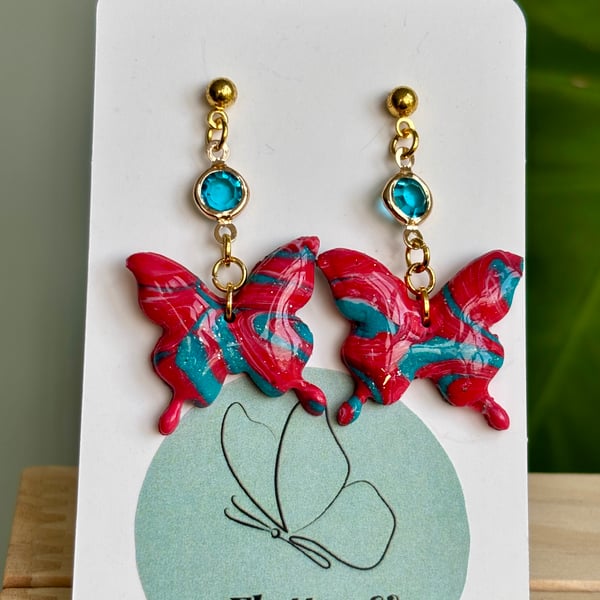 Red & Teal Marbled Butterfly Earrings