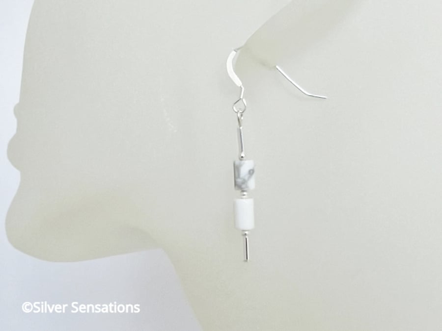 Slim White Howlite Beaded Earrings With Sterling Silver Tubes