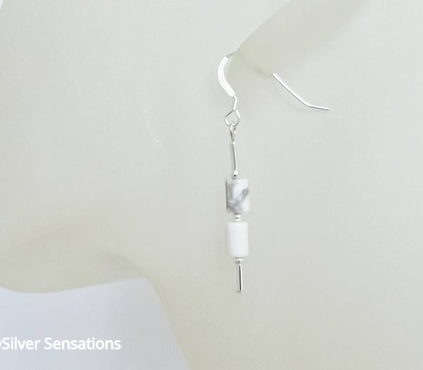 Slim White Howlite Beaded Earrings With Sterling Silver Tubes