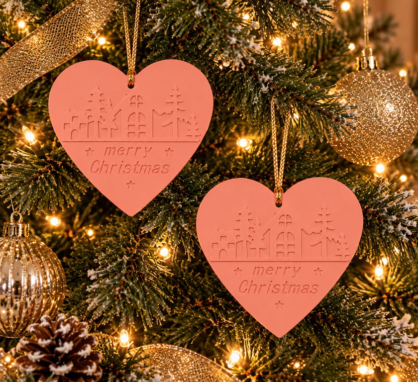 6x Pink Heart Hanging Christmas Tree Ornament Decoration With "Merry Christmas"
