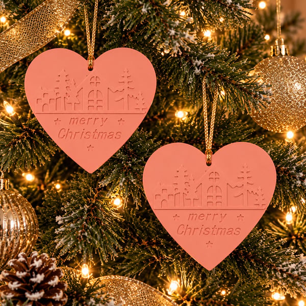 6x Pink Heart Hanging Christmas Tree Ornament Decoration With "Merry Christmas"