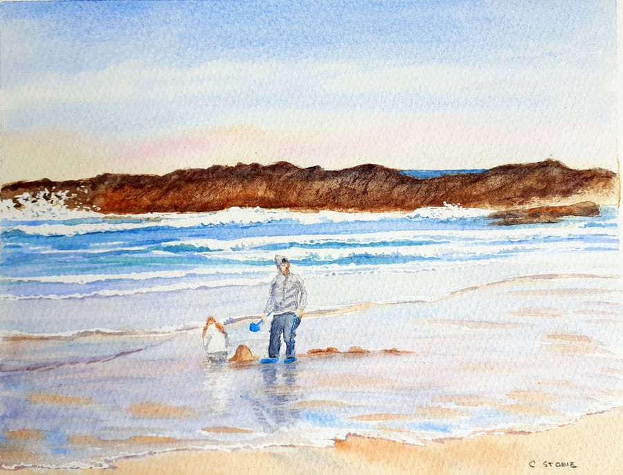 Small watercolour painting, Building Sandcastles at Bude Cornwall 