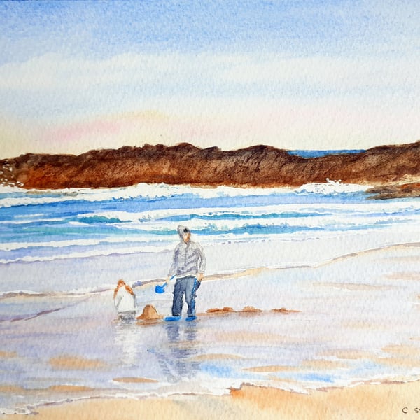 Building Sandcastles at Bude Cornwall small watercolour painting