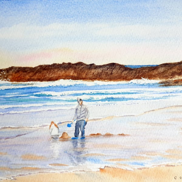 Small watercolour painting, Building Sandcastles at Bude Cornwall 