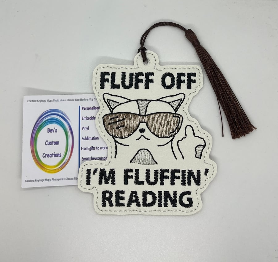 Rude cat embroidered bookmark - White