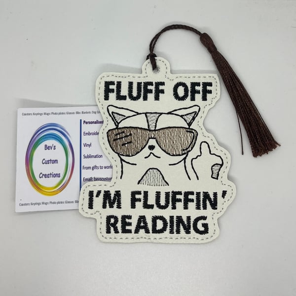 Rude cat embroidered bookmark - White