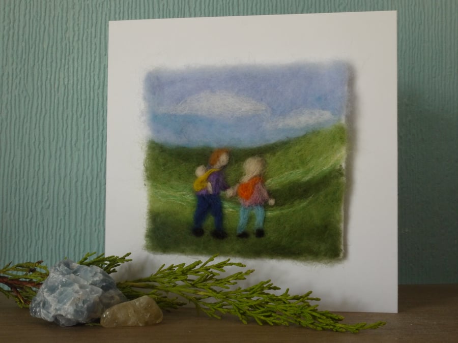 Handmade needle felted Hiking Family greetings card