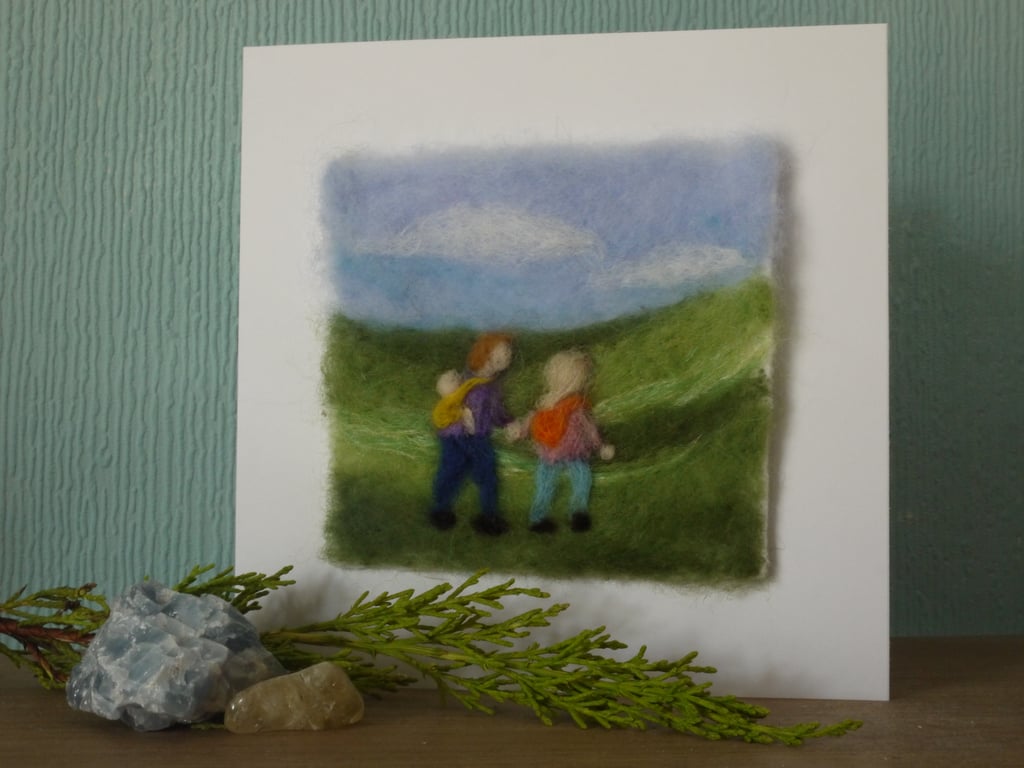 Handmade needle felted Hiking Family greetings card