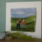 Handmade needle felted Hiking Family greetings card