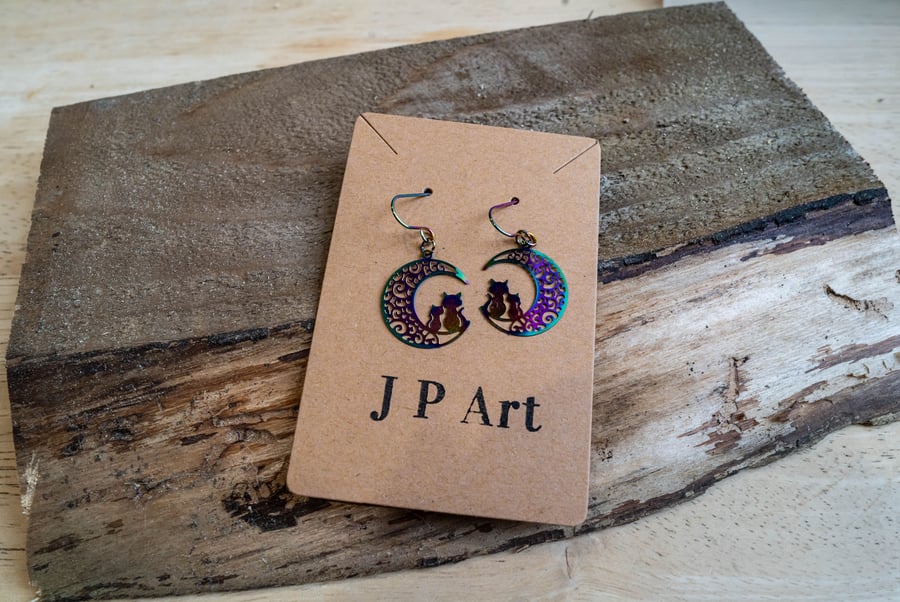 Anodized Titanium Cat Earrings 