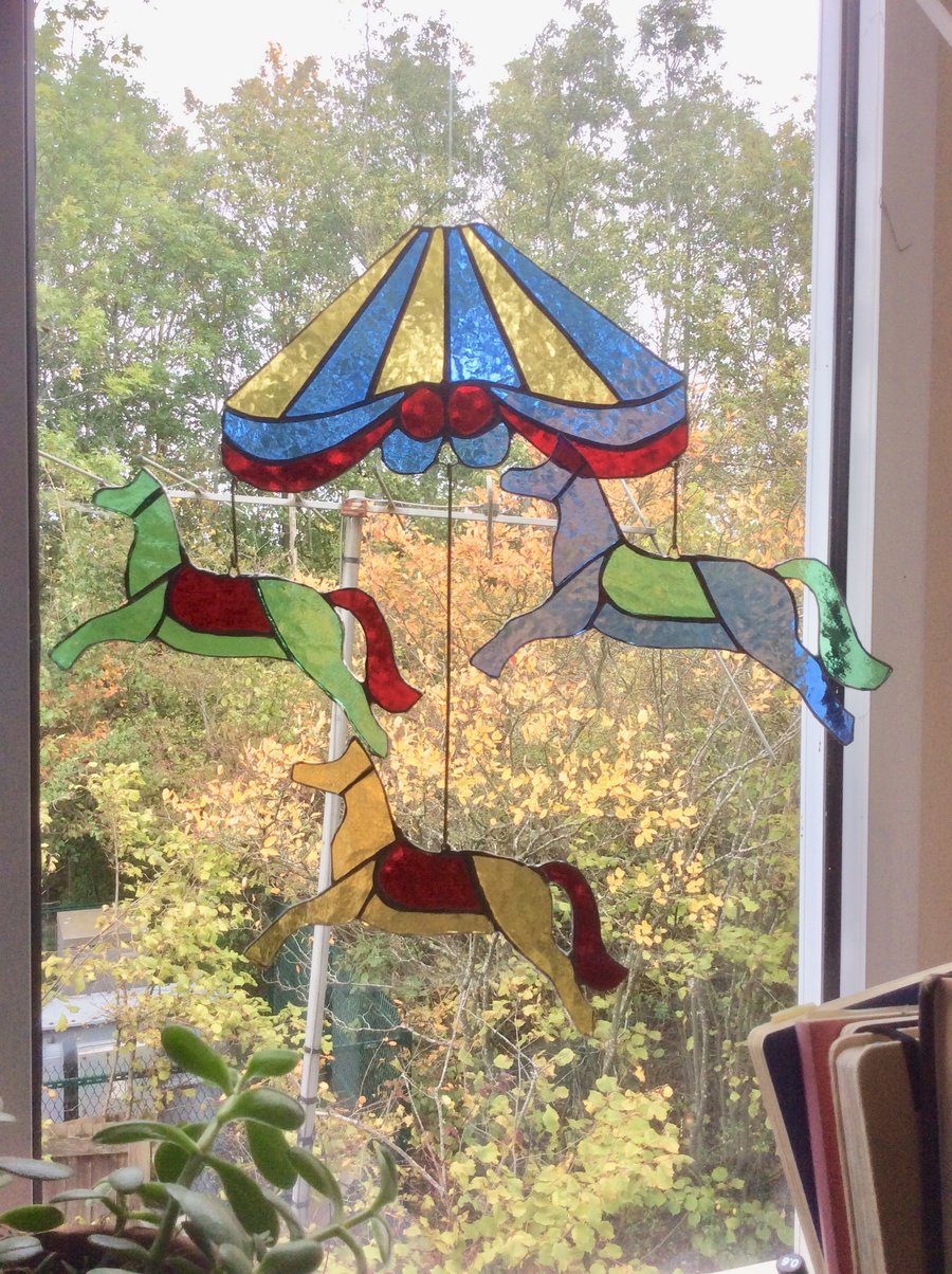 Stained Glass Carousel and 3 horses