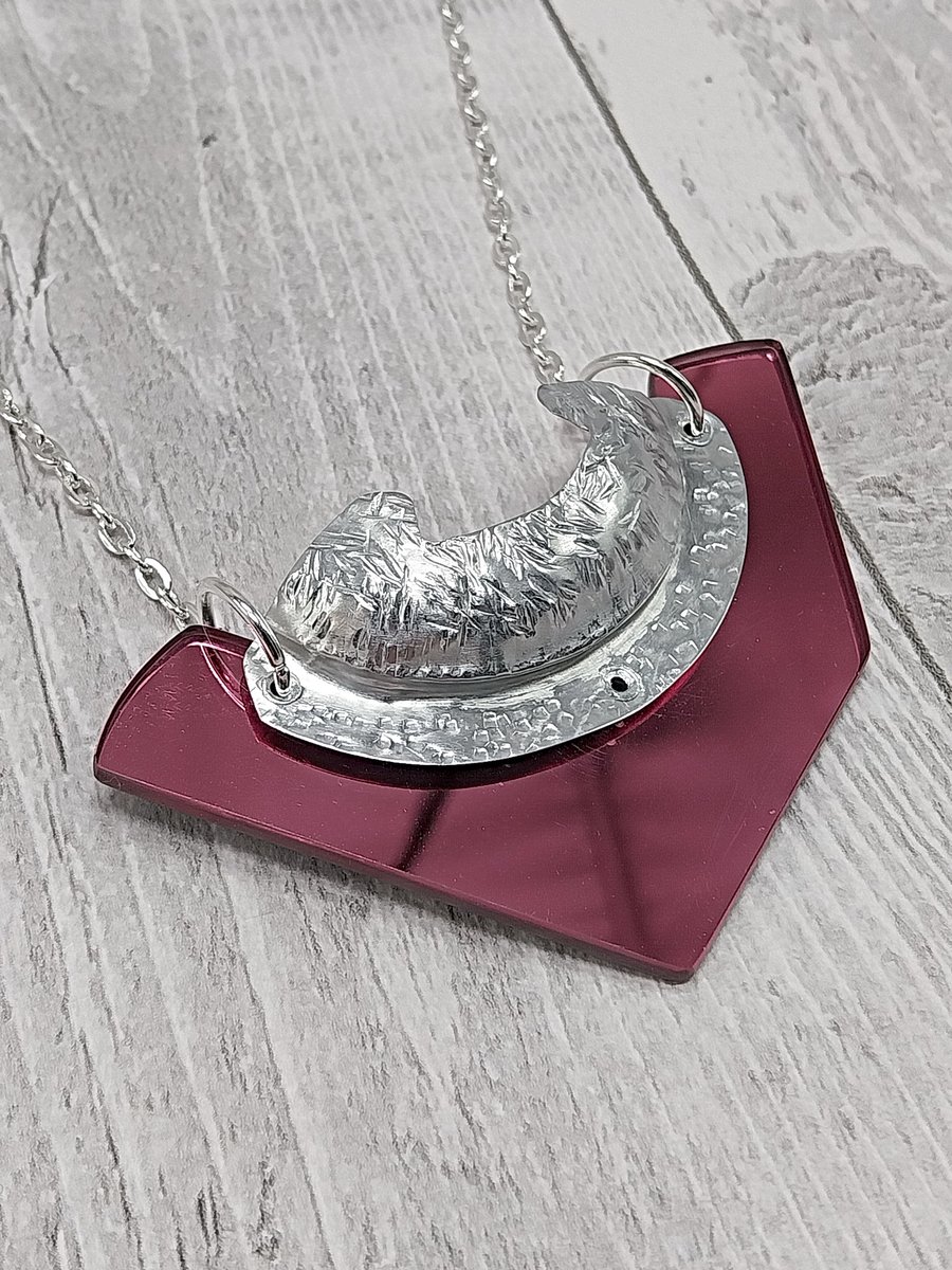 Recycled Aluminium Drink Can Base, Mirrored Pink Acrylic Shape Necklace Pendant