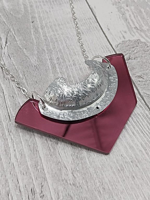Recycled Aluminium Drink Can Base, Mirrored Pink Acrylic Shape Necklace Pendant