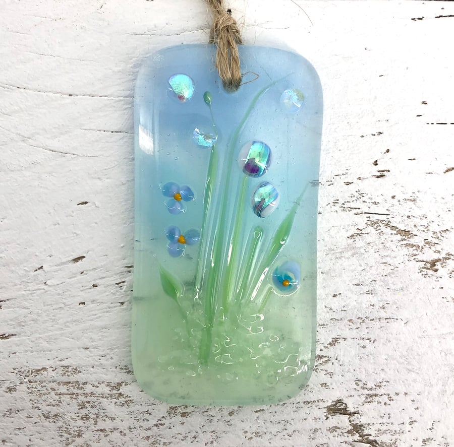 Pretty Glass Light Catcher with Delicate Blue Flowers 