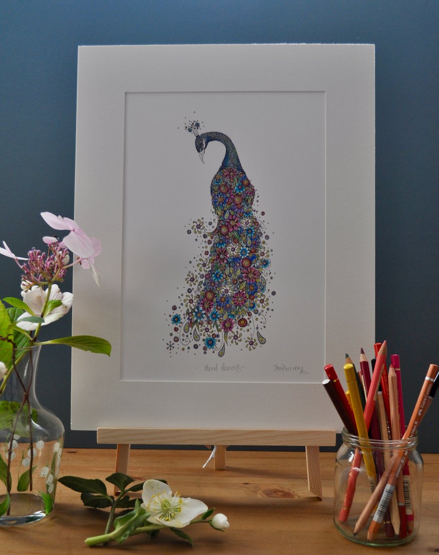 Floral Peacock a4 mounted print 12 x 15"