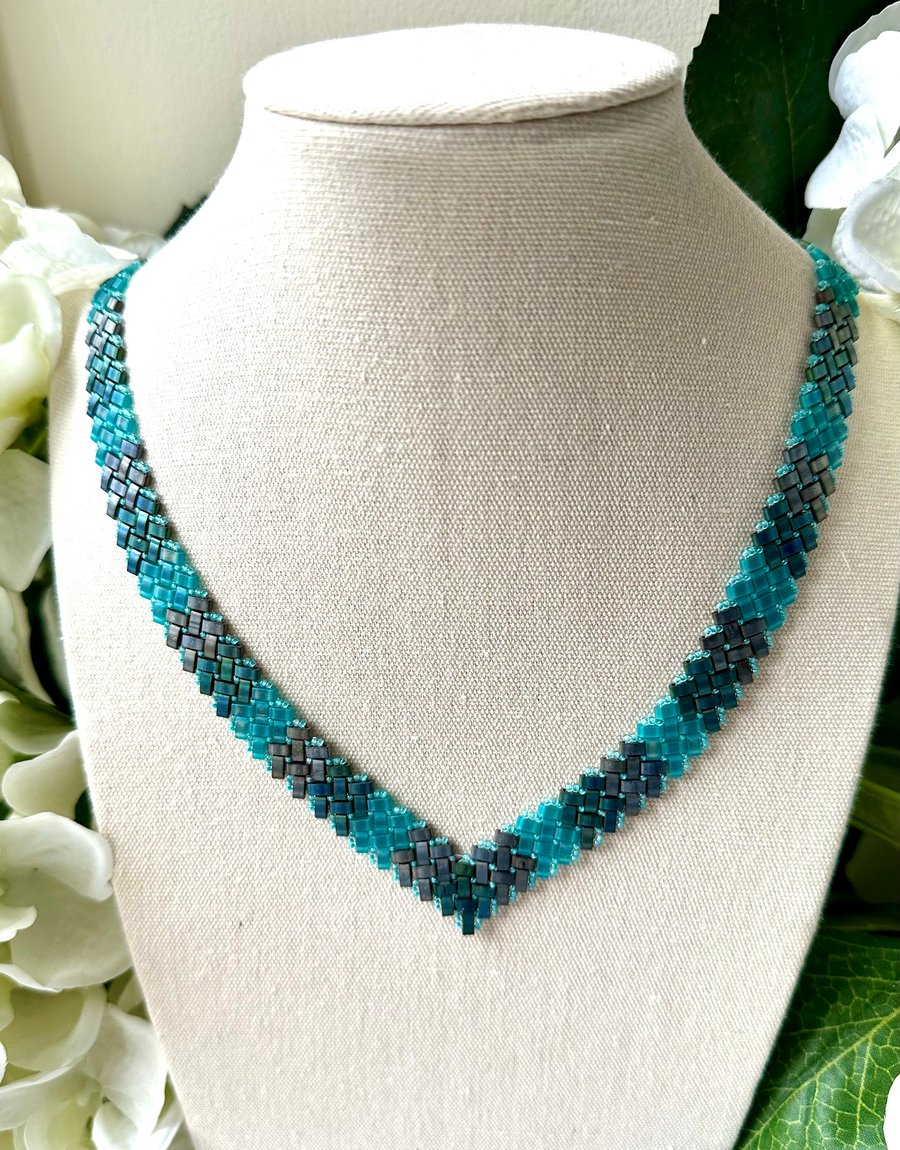 V Drop Necklace - Turquoise & Grey