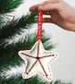 A Red and white star tree decorations with metallic thread and seed beads  - Image 1