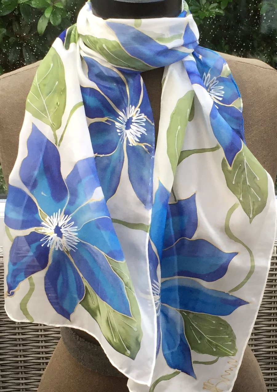 小物 Hand Printed Silk Scarf - blue 100% Silk Scarf Hand Printed Mulberry Silk Square – Indic Creations