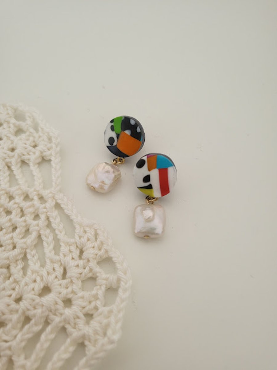 Handmade Polymer Clay Pearl Earrings - Playful Dot Clay Drops