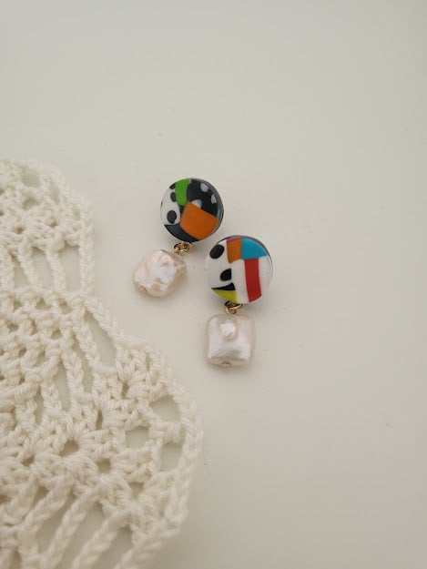 Handmade Polymer Clay Pearl Earrings - Playful Dot Clay Drops
