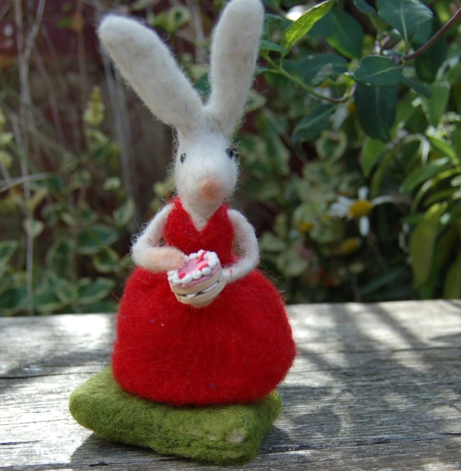 Needlefelt white rabbit wearing a red dress and... - Folksy
