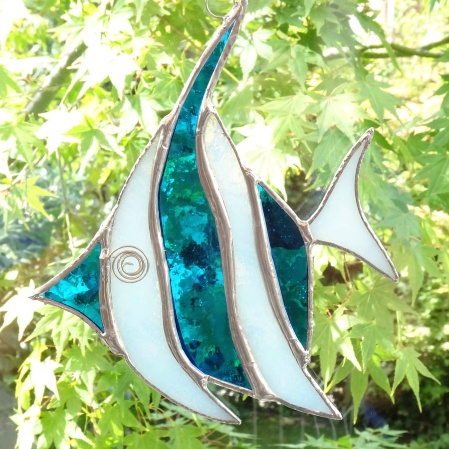 Stained Glass Angel Fish Suncatcher - Handmade Decoration - Teal and White