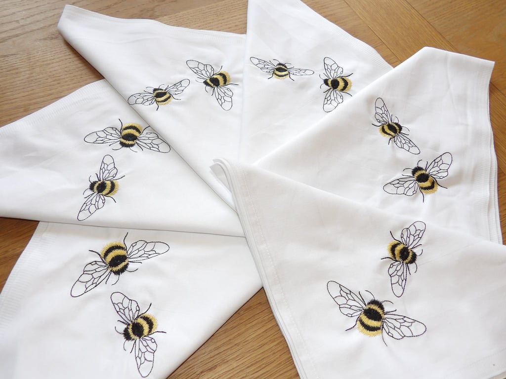 6 x Bee embroidered large napkins egyptian cotton 22" 
