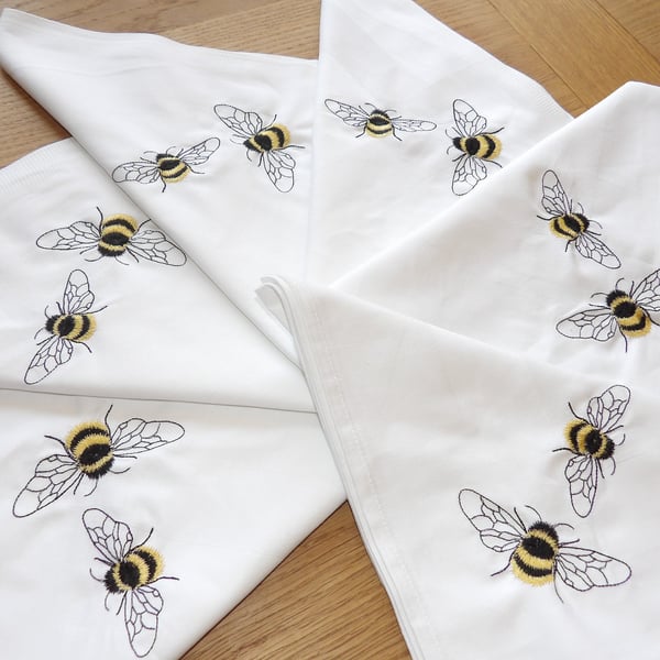 6 x Bee embroidered large napkins egyptian cotton 22" 