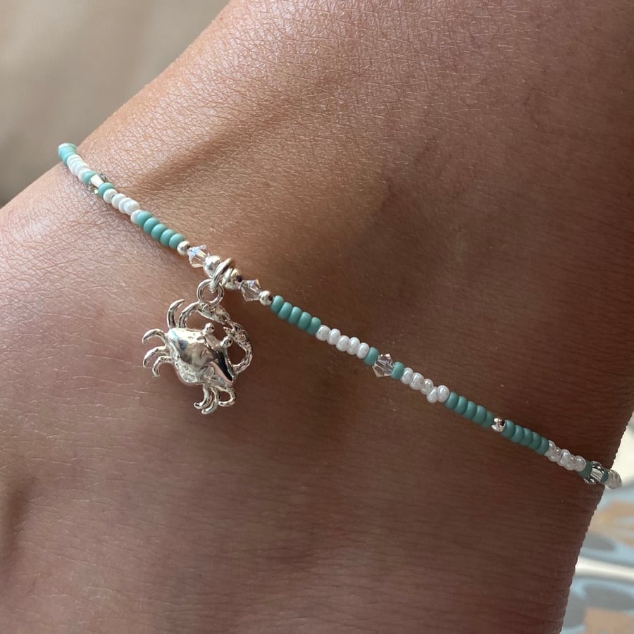 Sterling Silver Crab & Miyuki Beaded Anklet. Sterling Silver. Extension Chain. 