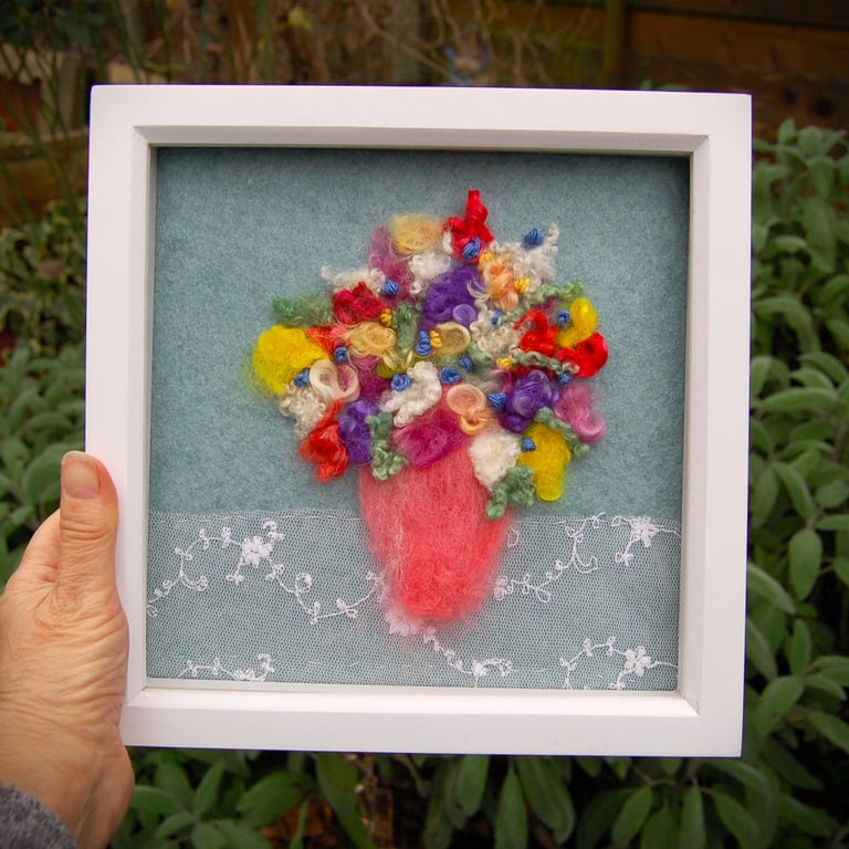 Needle felted and hand embroidered wool picture - vase of flowers