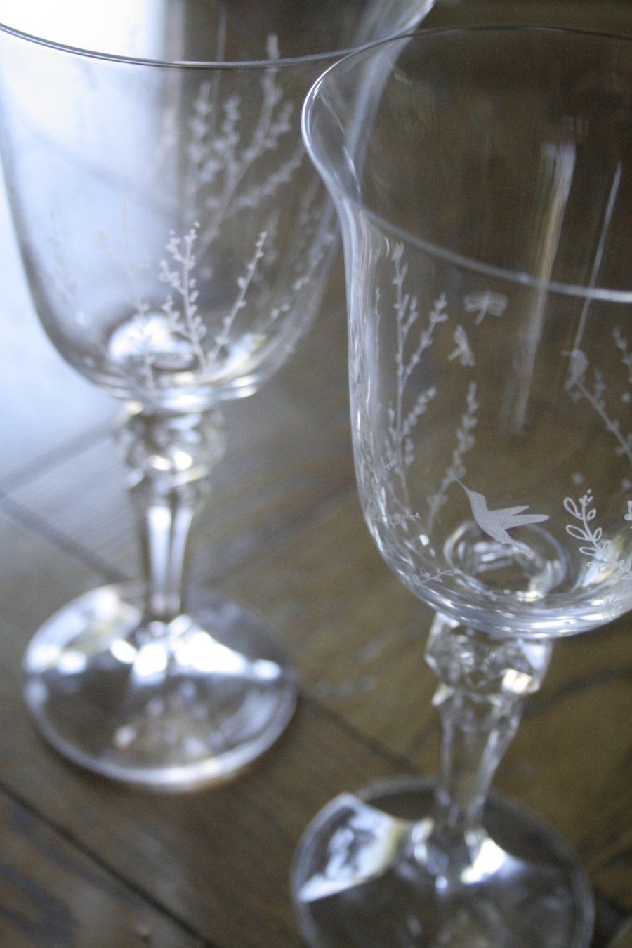 Pair of Hand Engraved Crystal Hummingbird Wine Glasses, Bohemia Crystal