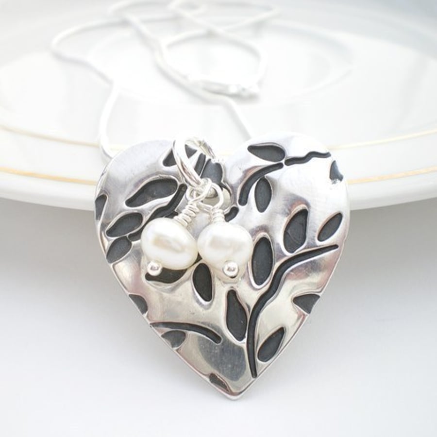 Leaves and Pearls Silver Heart Pendant - Wedding Jewellery