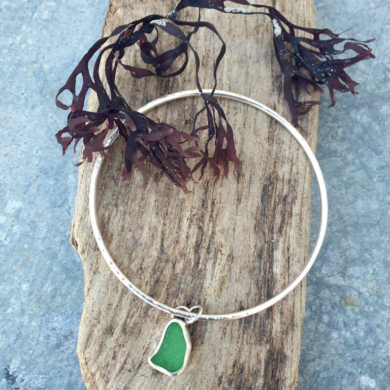 Sterling silver textured bangle with green seaglass charm
