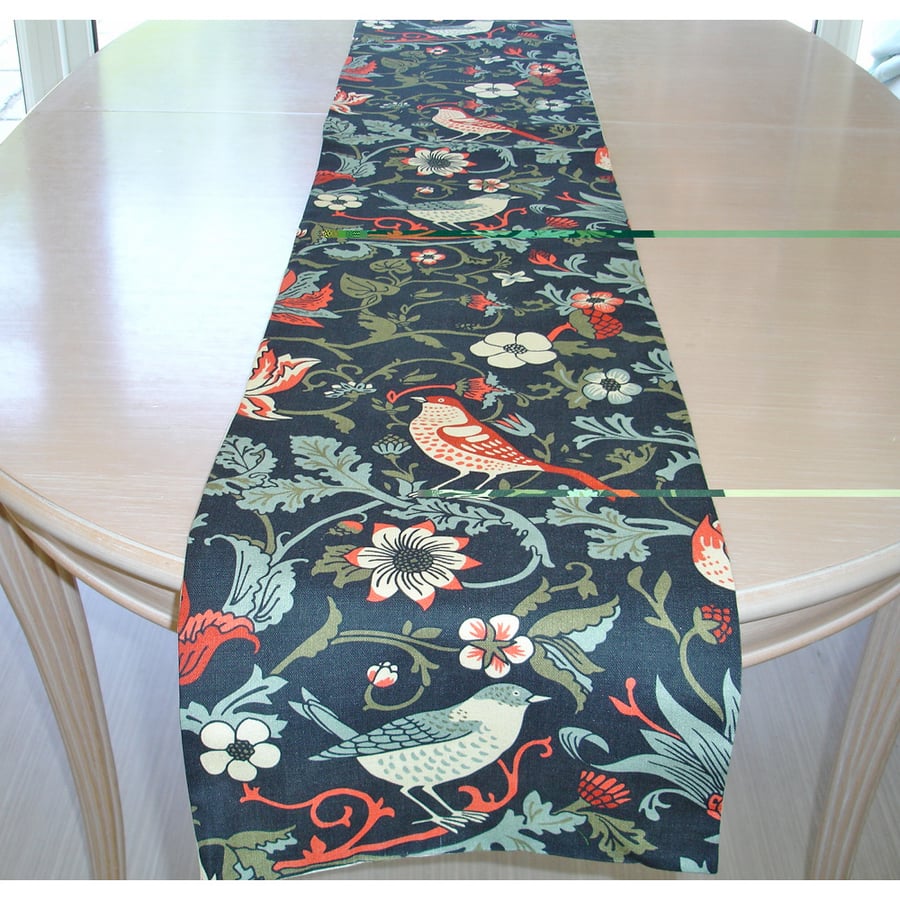 William Morris Black Table Runner 6ft Birds Floral 72" Red Green 180cm