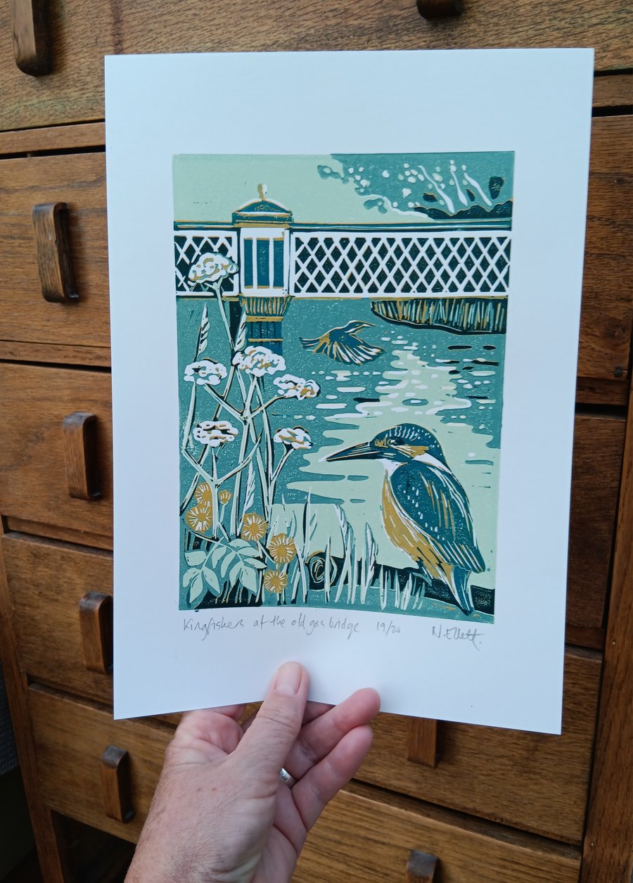 'Kingfishers at the old gas bridge' - linoprint