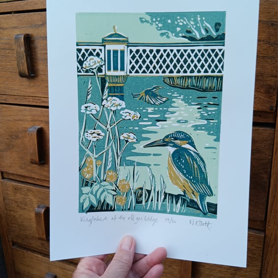 'Kingfishers at the old gas bridge' - linoprint