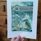 'Kingfishers at the old gas bridge' - linoprint