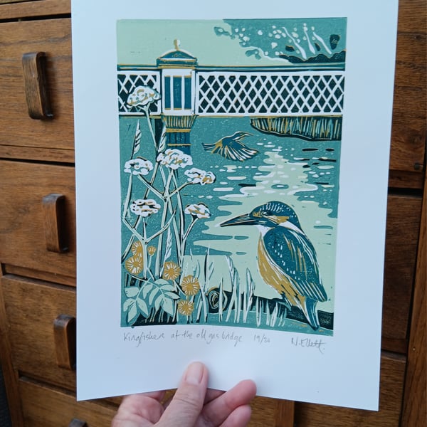 'Kingfishers at the old gas bridge' - linoprint