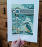 'Kingfishers at the old gas bridge' - linoprint