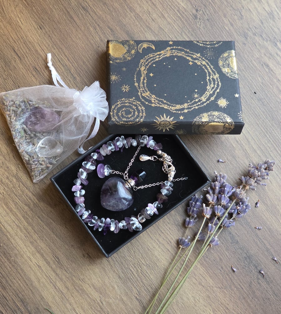 Amethyst Heart Diffuser Necklace & Quartz Chip Bracelet Set, Celestial Lavender