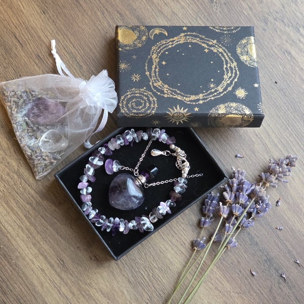 Amethyst Heart Diffuser Necklace & Quartz Chip Bracelet Set, Celestial Lavender
