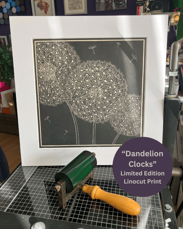 Linocut Print - Dandelion Clocks - Limited Edition Print - Dandelions 