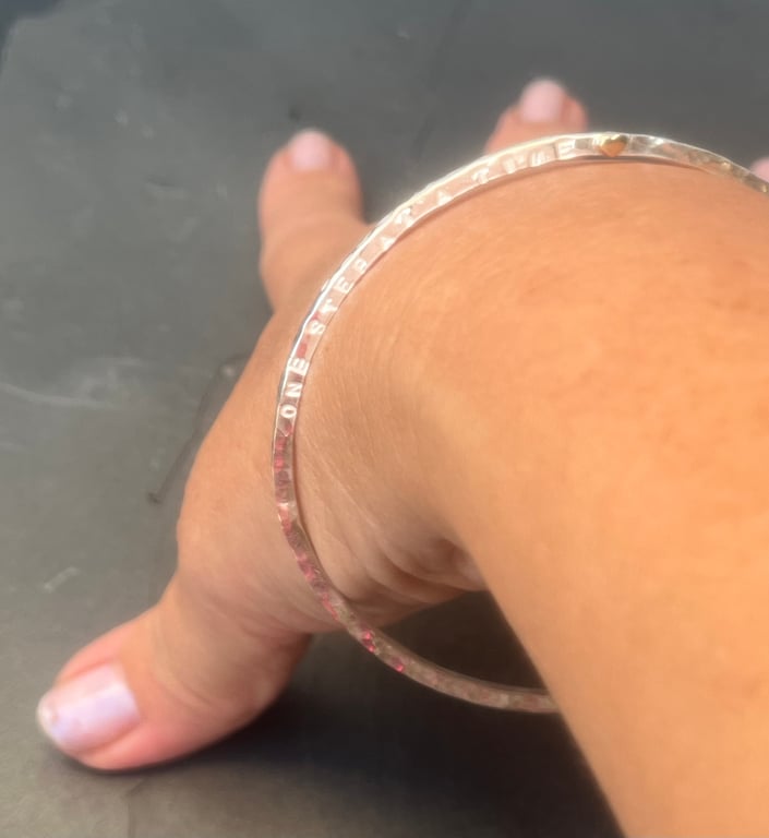 Silver Hammered Bangle, silver bangle, gold heart bangle, words bangle, 