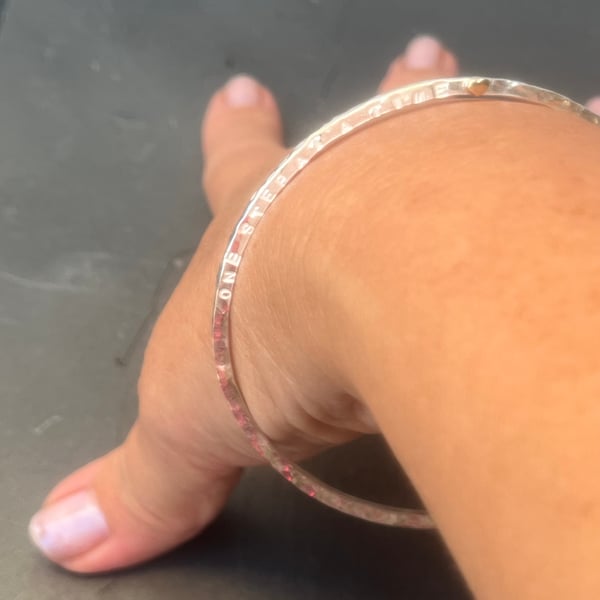 Silver Hammered Bangle, silver bangle, gold heart bangle, words bangle, 