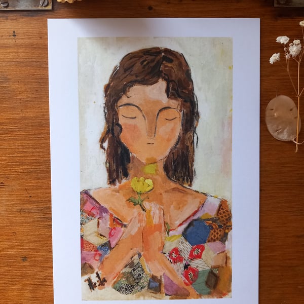 A5 prints stylised portrait of young girl' chin up butter cup'