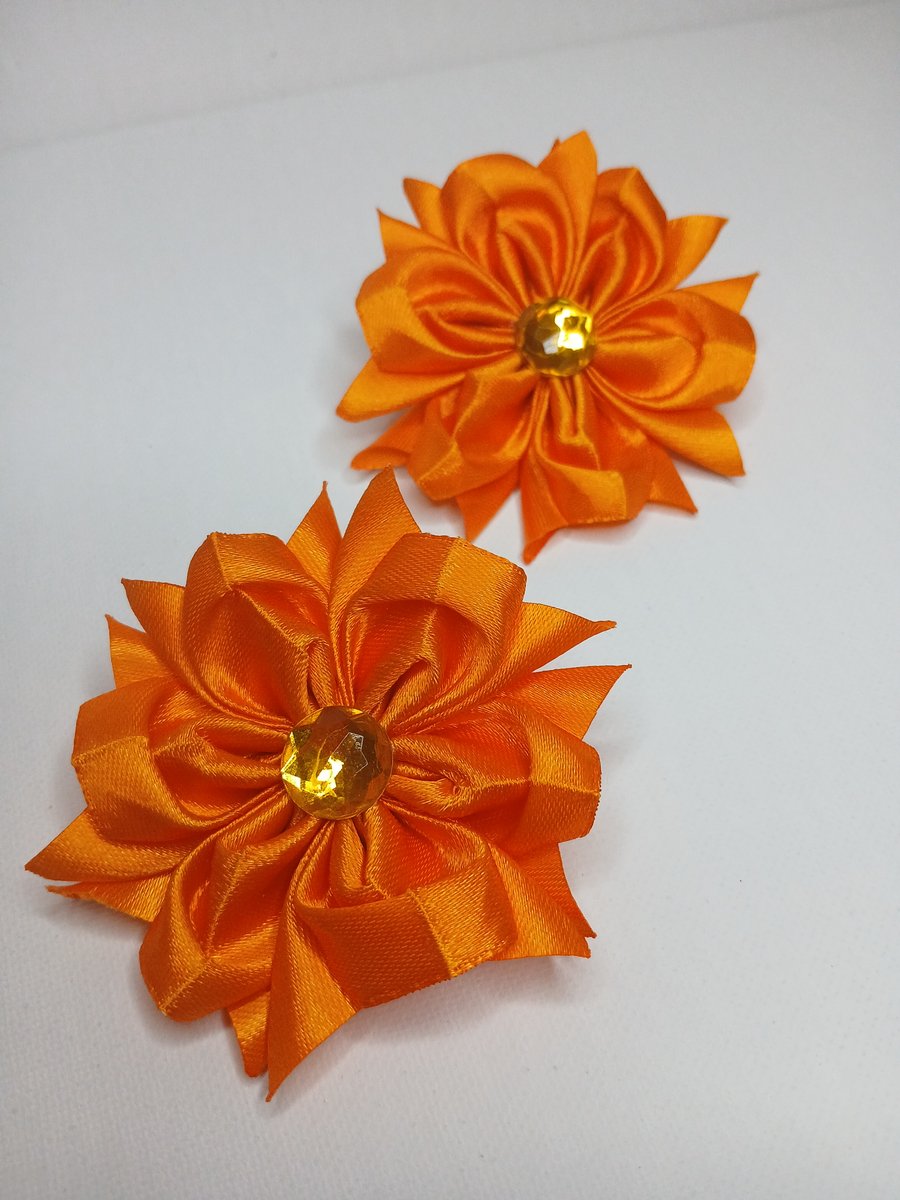 Bright Orange Satin Flower Hair Bobbles - Pair of Handmade Kanzashi Style Ties 