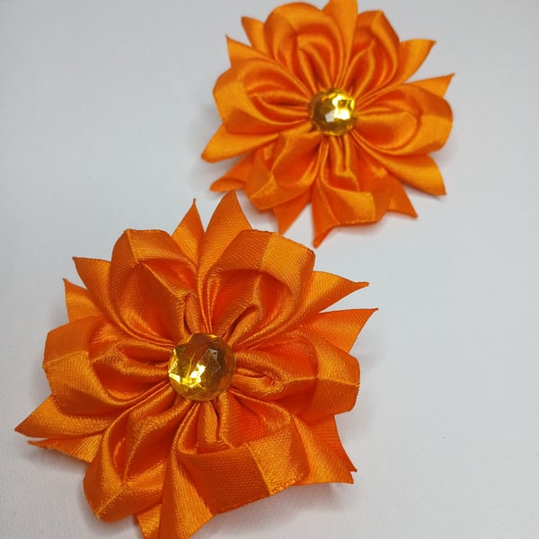 Bright Orange Satin Flower Hair Bobbles - Pair of Handmade Kanzashi Style Ties 