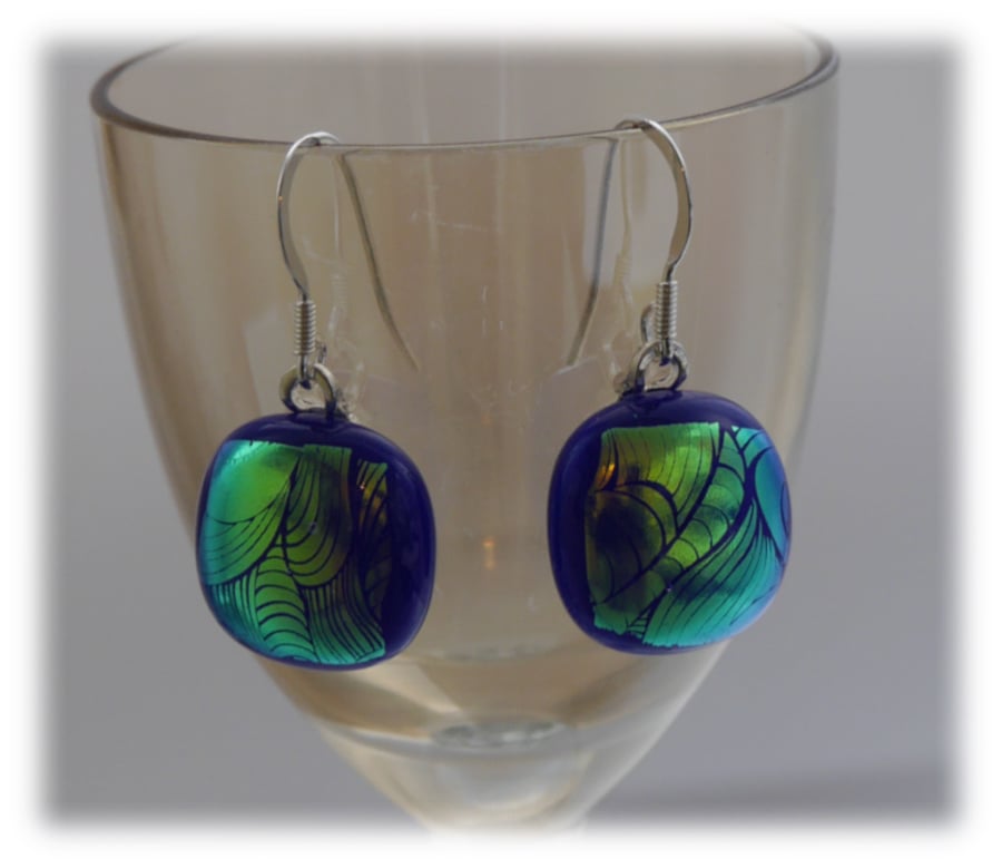Handmade Fused Dichroic Glass Earrings 182 Blue gold feathered 