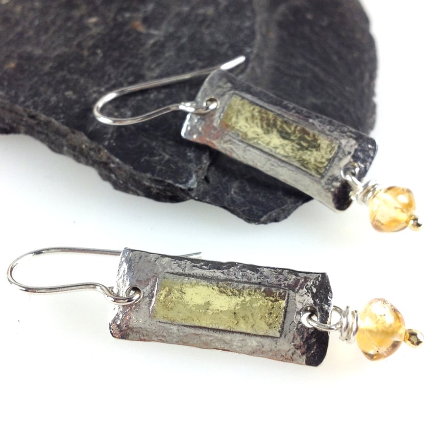 Silver ,18ct gold and Citrine rectangular earrings. 
